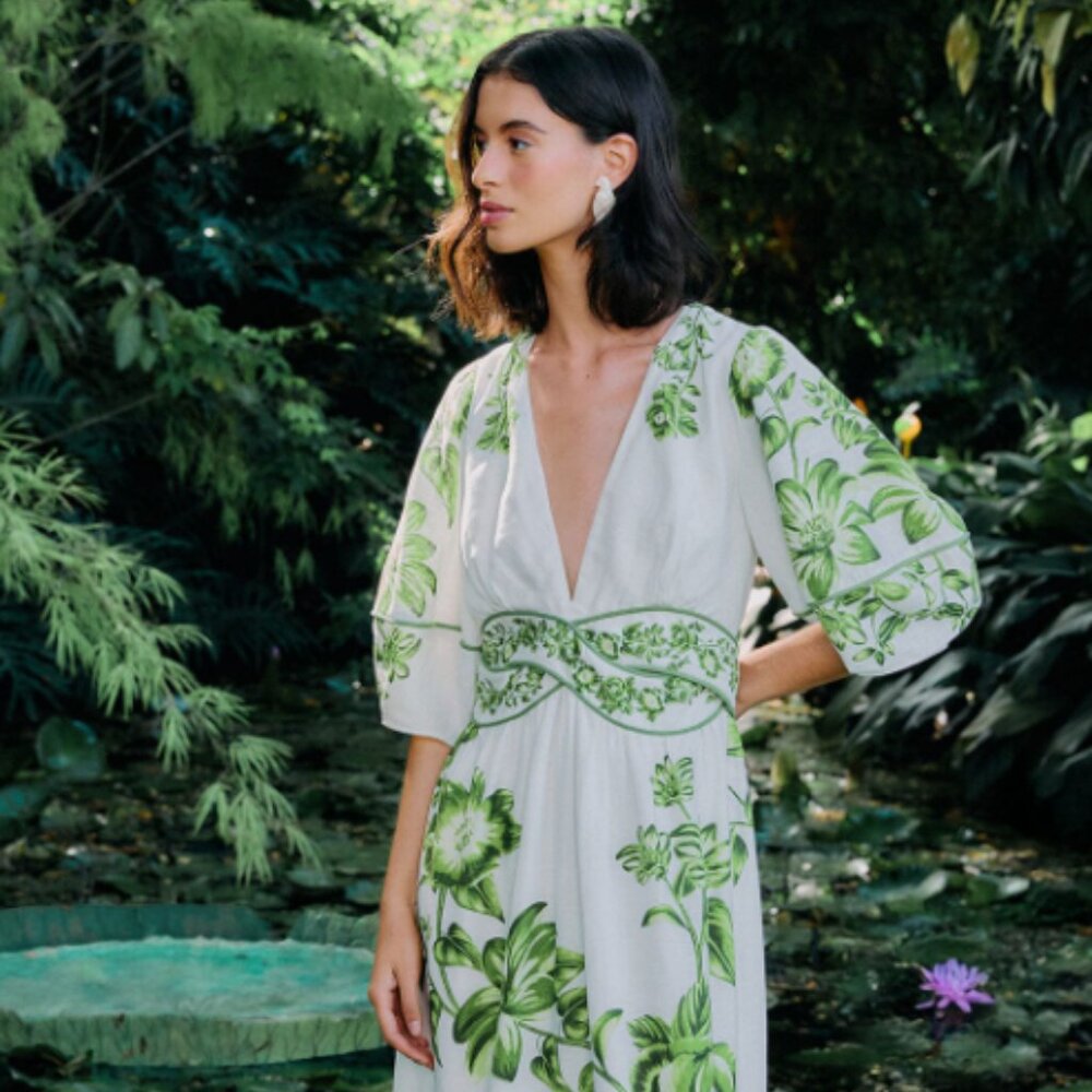 Farm Rio Off-White Green Floral Cascade Midi Dress - Picture 4 of 7